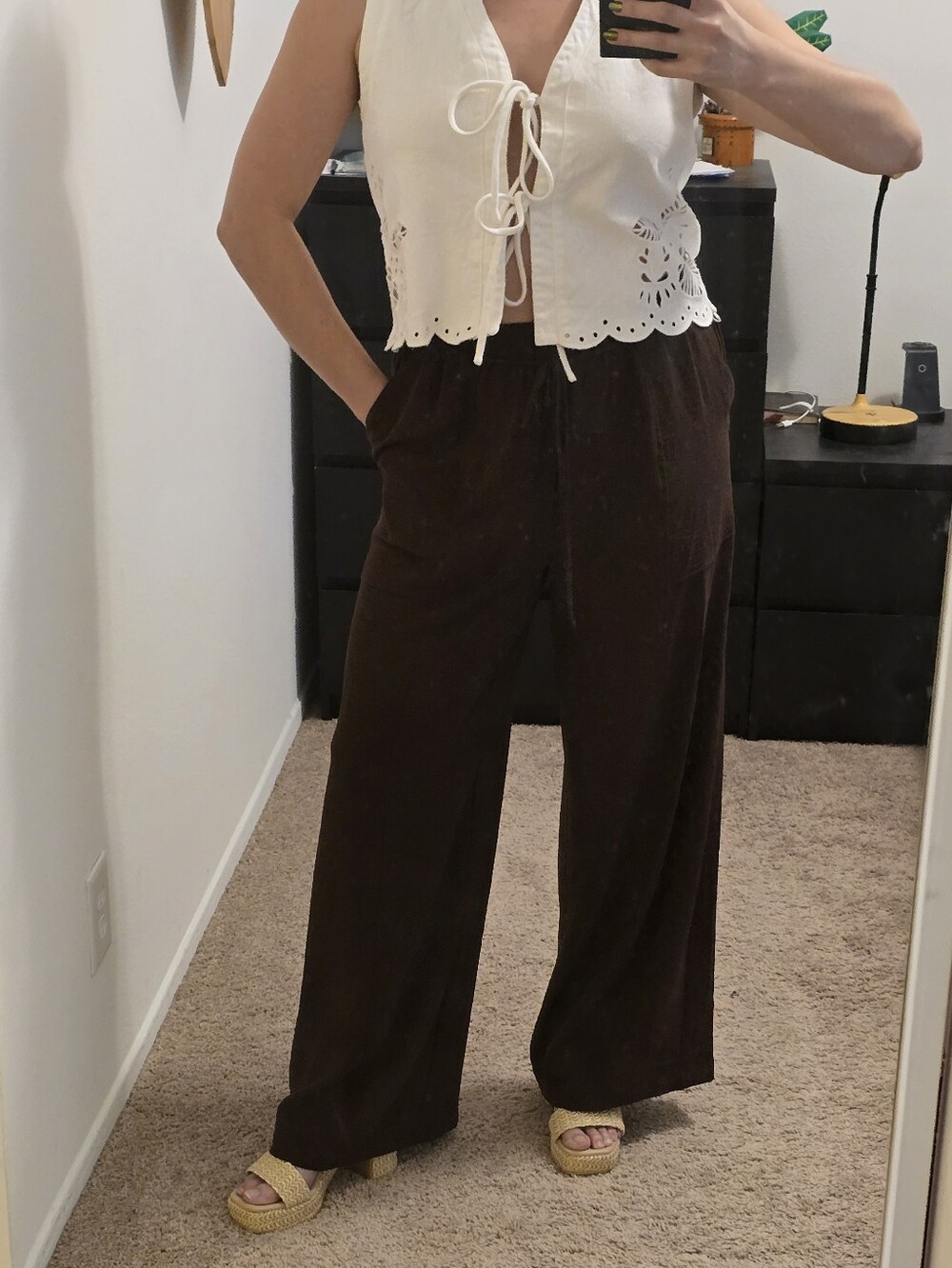 Stitch & Feather Wide-Leg Drawstring Pants in Chocolate Brown